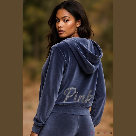 PINK Victoria's Secret Deep Blue Velour Hoodie with Bling Size L - Picture 1 of 6